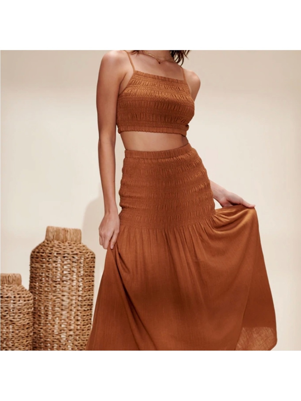 Crescent Rust Brown Smocked Midi Skirt